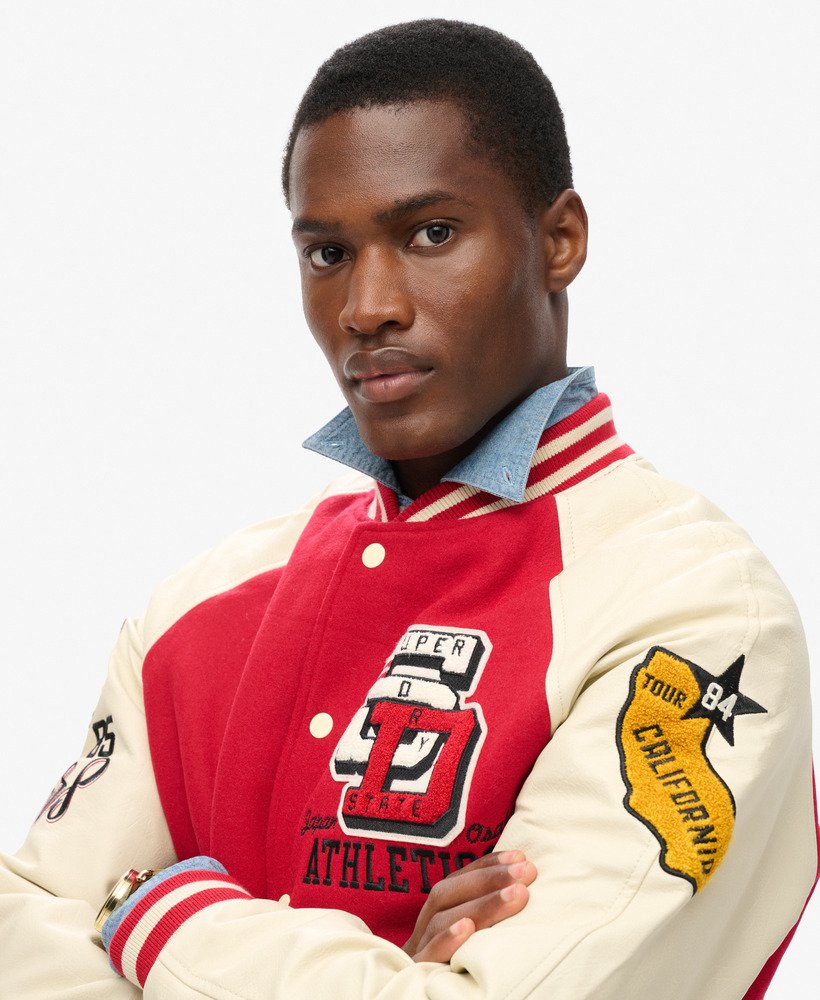 college varsity bomberjack met patches in varsity red