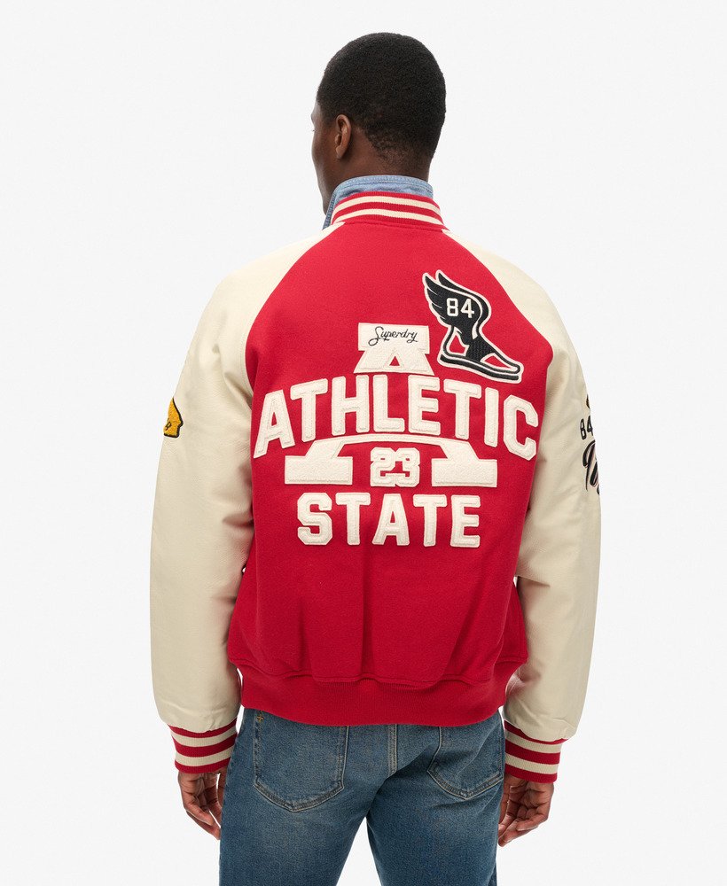 college varsity bomberjack met patches in varsity red