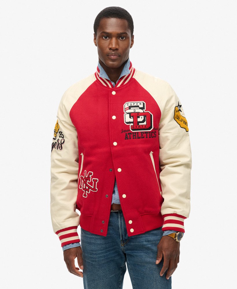 college varsity bomberjack met patches in varsity red