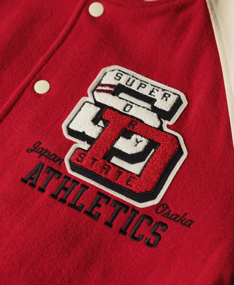 college varsity bomberjack met patches in varsity red