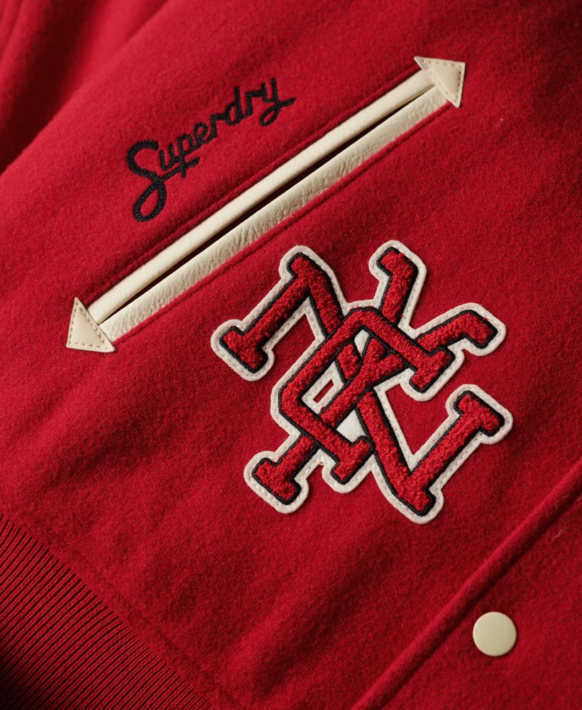 college varsity bomberjack met patches in varsity red