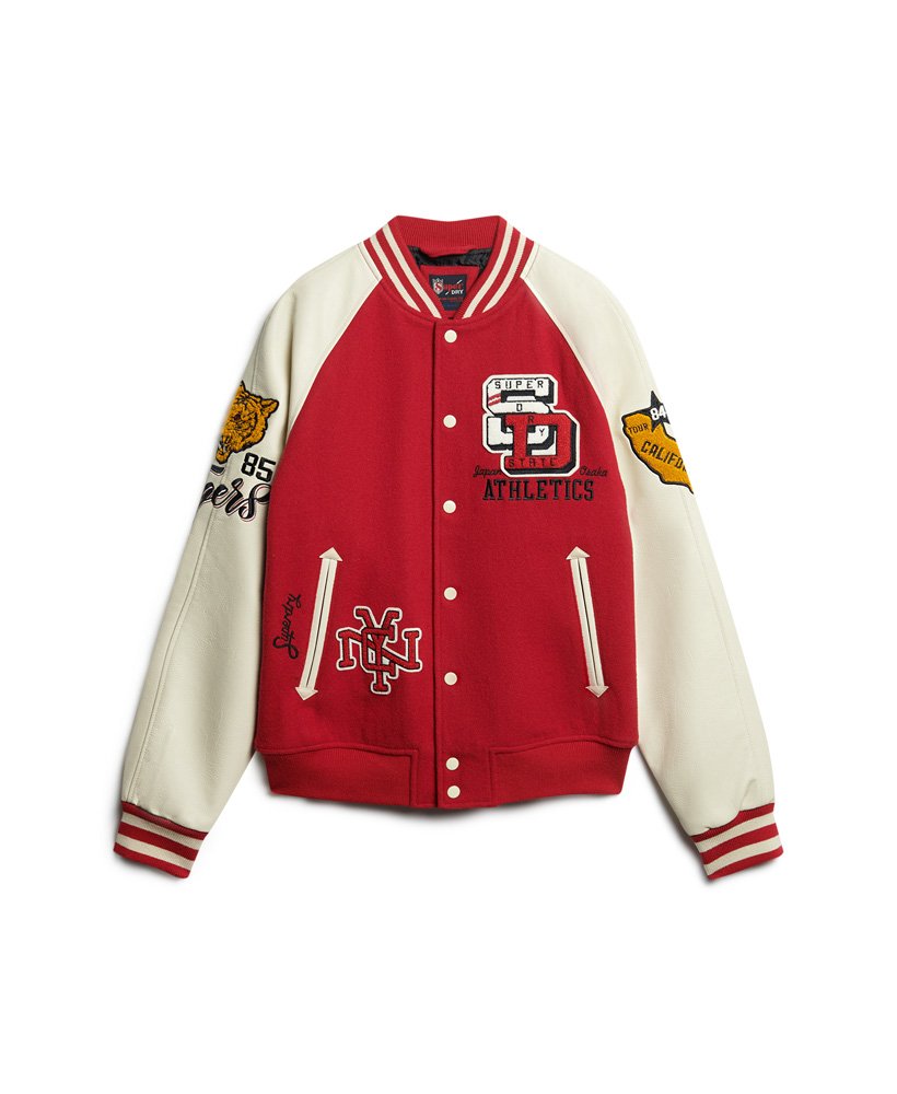 college varsity bomberjack met patches in varsity red
