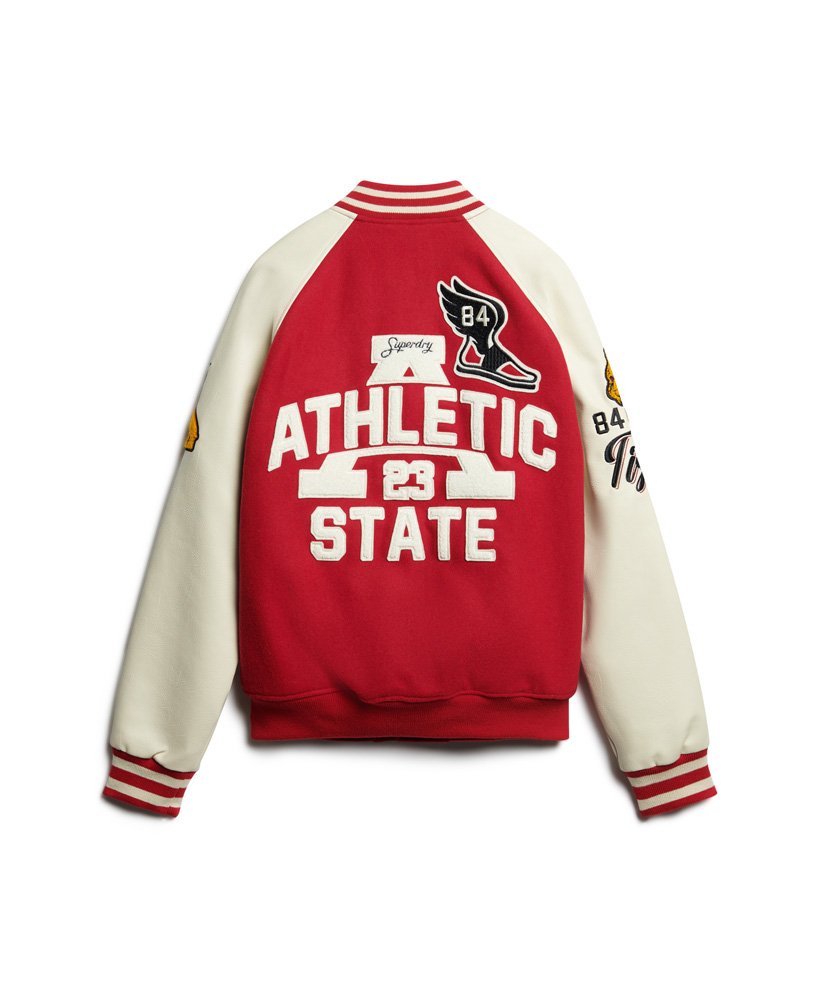 college varsity bomberjack met patches in varsity red