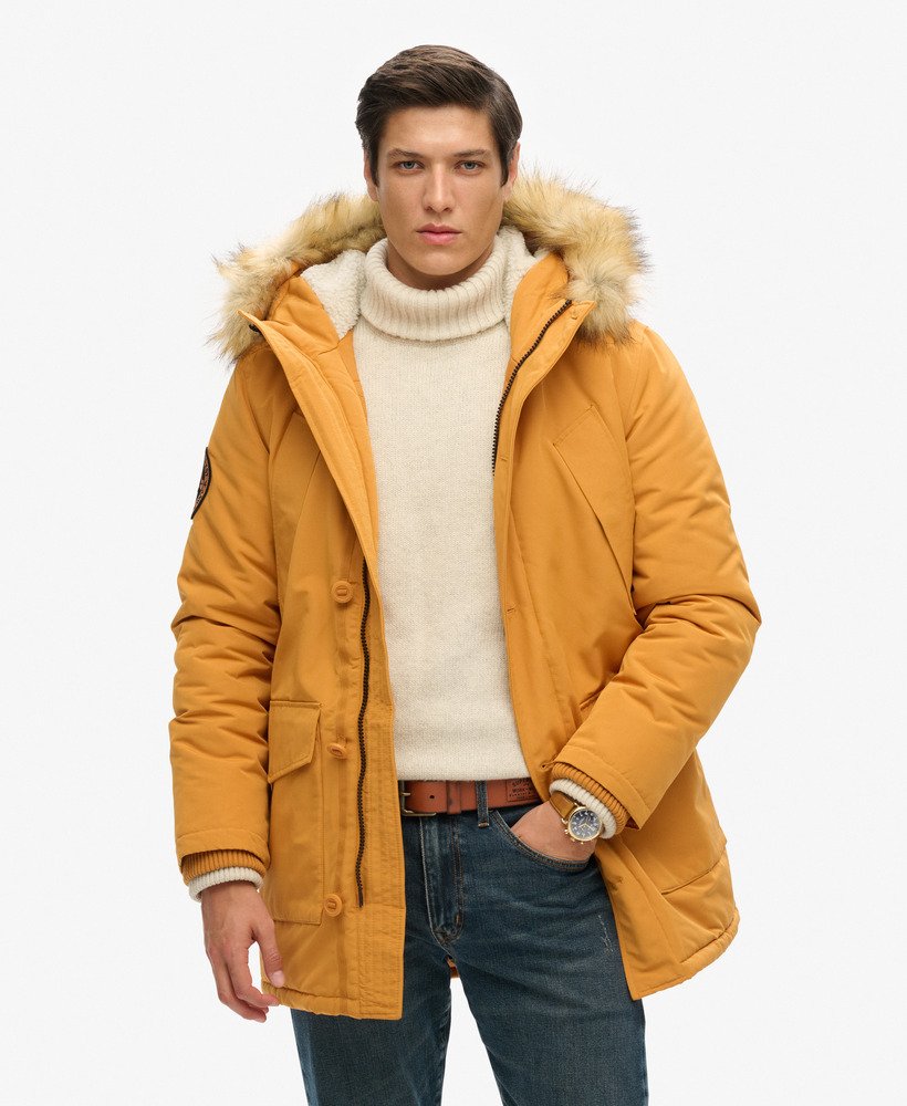 everest parka met capuchon van imitatiebont in mosterdgeel