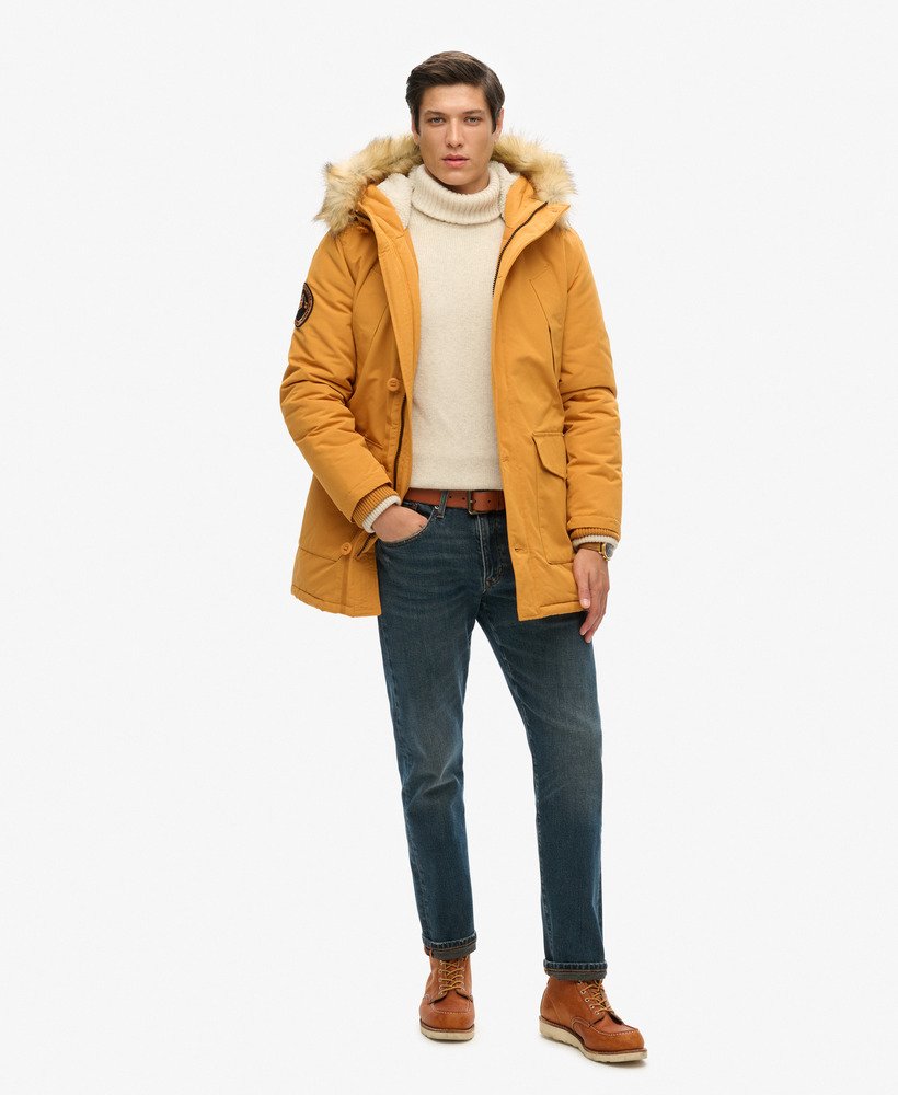 everest parka met capuchon van imitatiebont in mosterdgeel