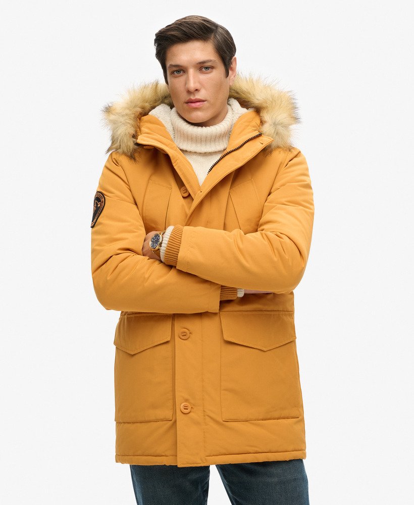 everest parka met capuchon van imitatiebont in mosterdgeel