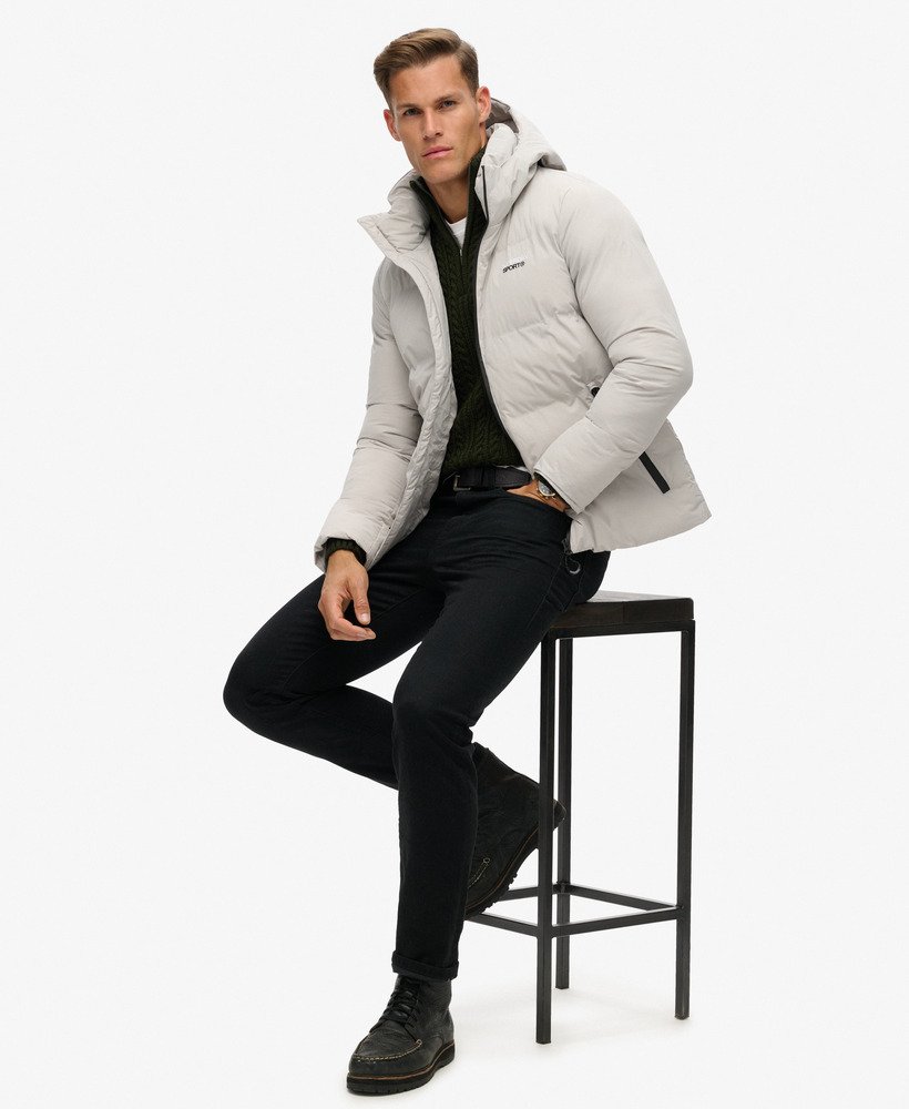 boxy pufferjack met capuchon in moonlight grey