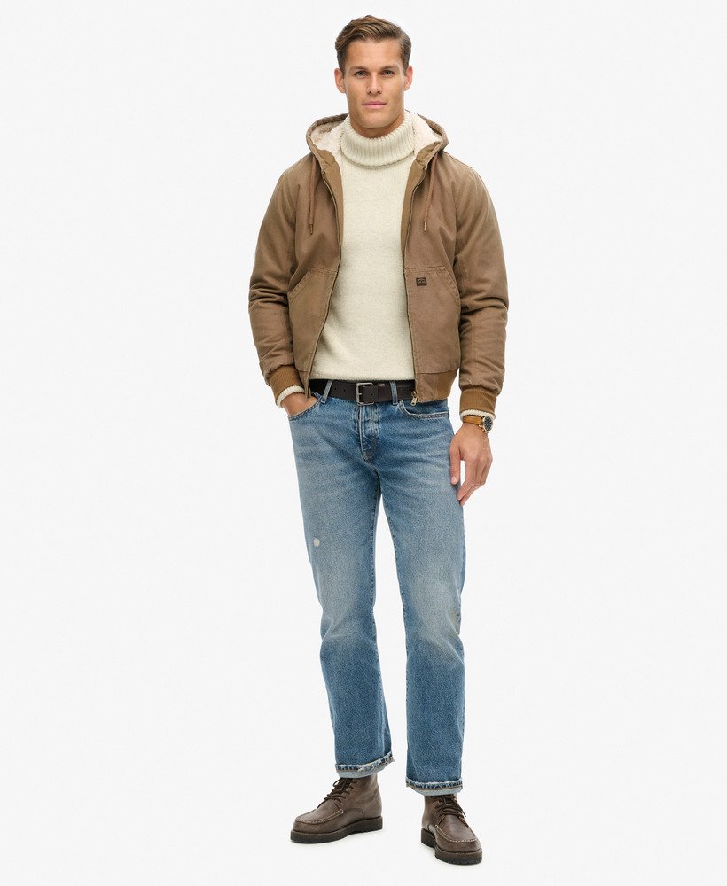 vintage workwear bomberjack met capuchon in denim co tabak.