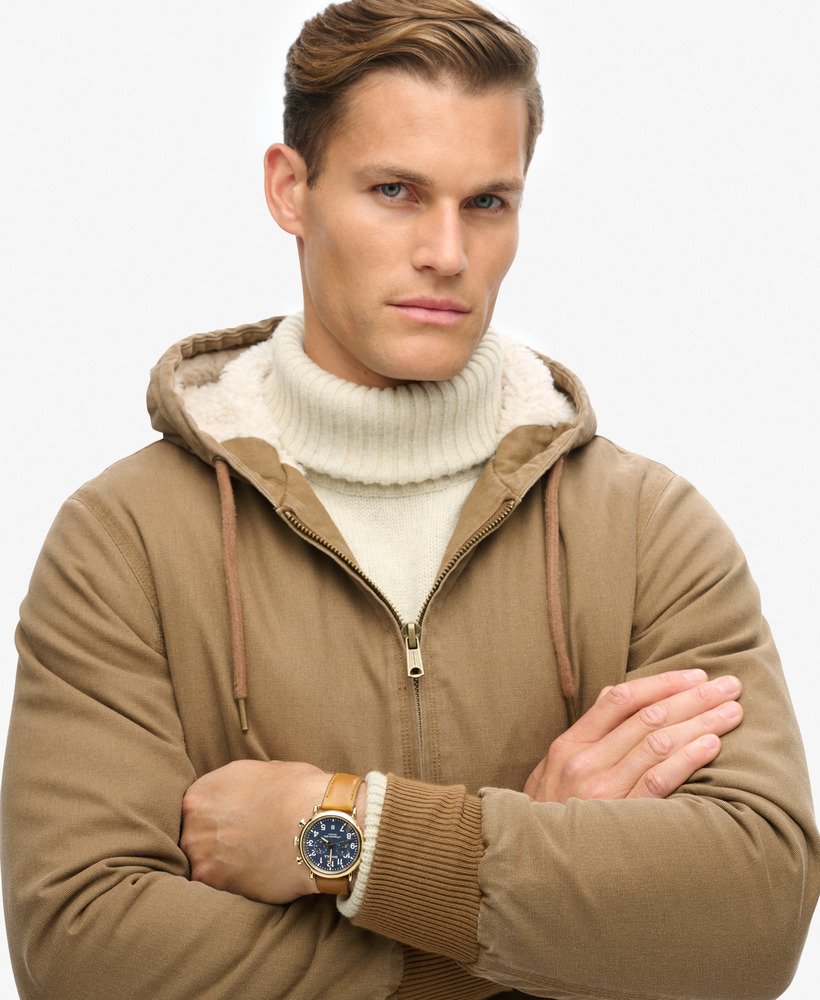 vintage workwear bomberjack met capuchon in denim co tabak.