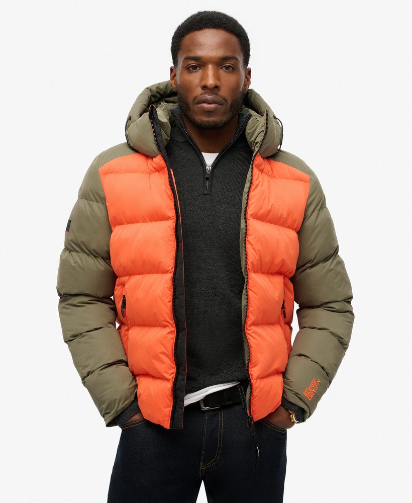 hood colour block sport puffer in khaki colourblock