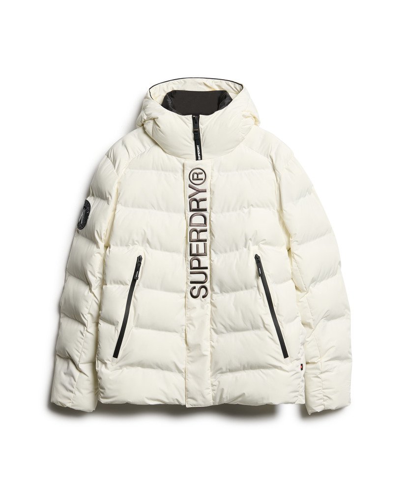 gewatteerde jas met capuchon en stadsprint in off white