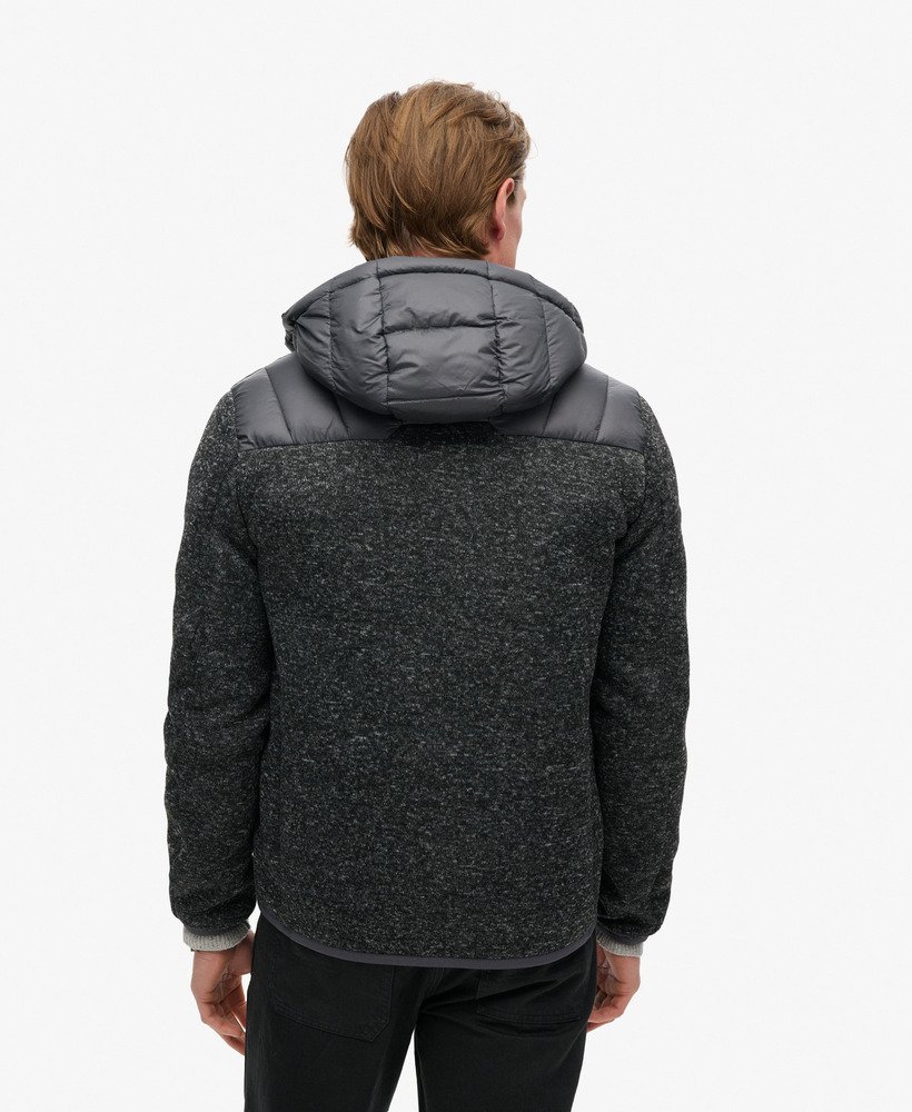 gebreide storm hybrid-jas met capuchon in donker antracietgrijs gemêleerd.