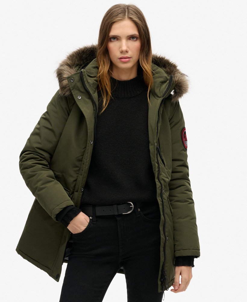 parka met capuchon van imitatiebont in legergroen everest