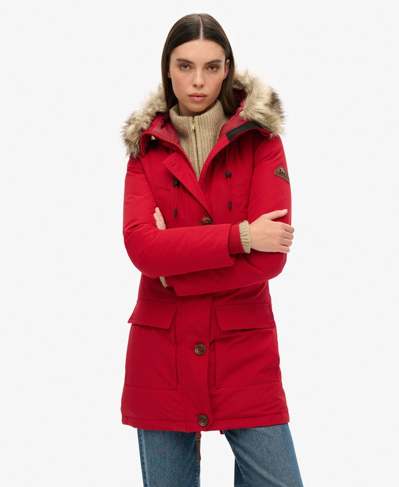 parka met capuchon en imitatiebont in chilipeperkleur.