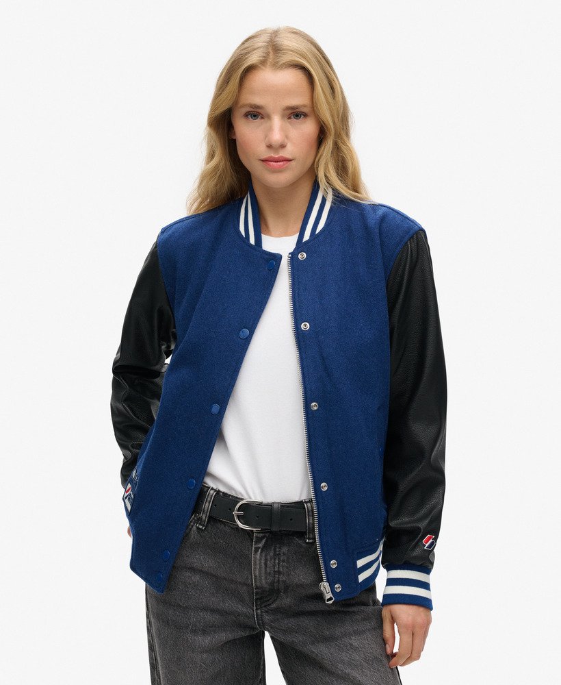wollen honkbaljack in varsity arch-kleurblokprint