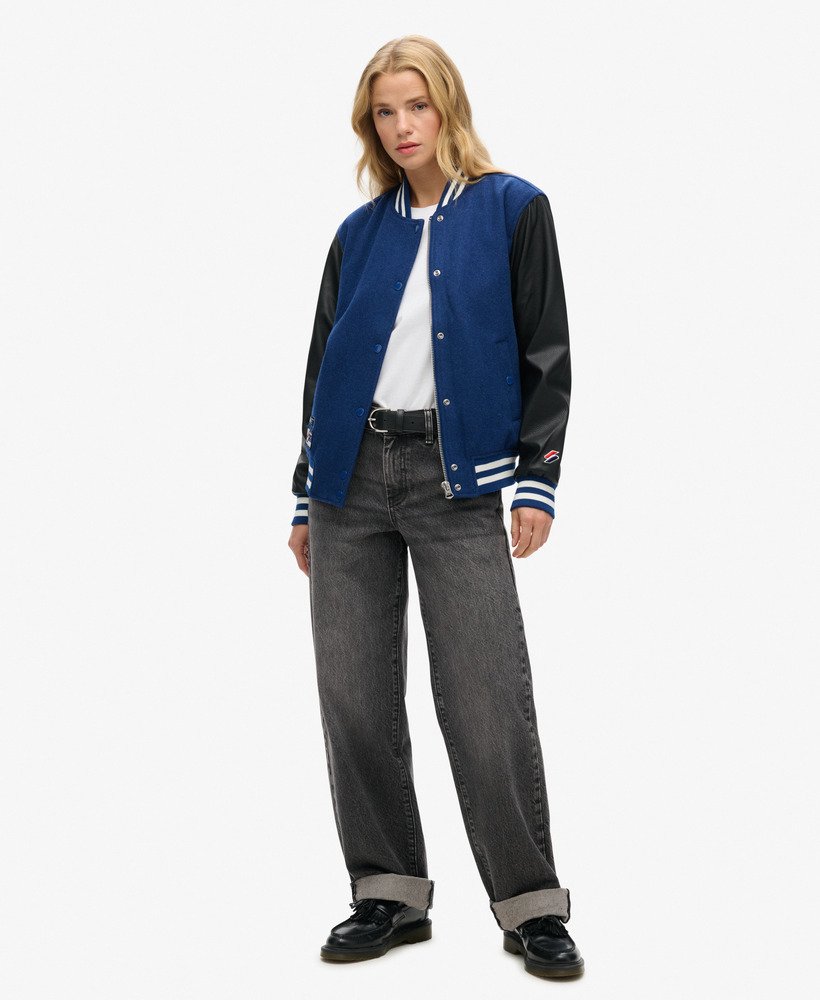wollen honkbaljack in varsity arch-kleurblokprint