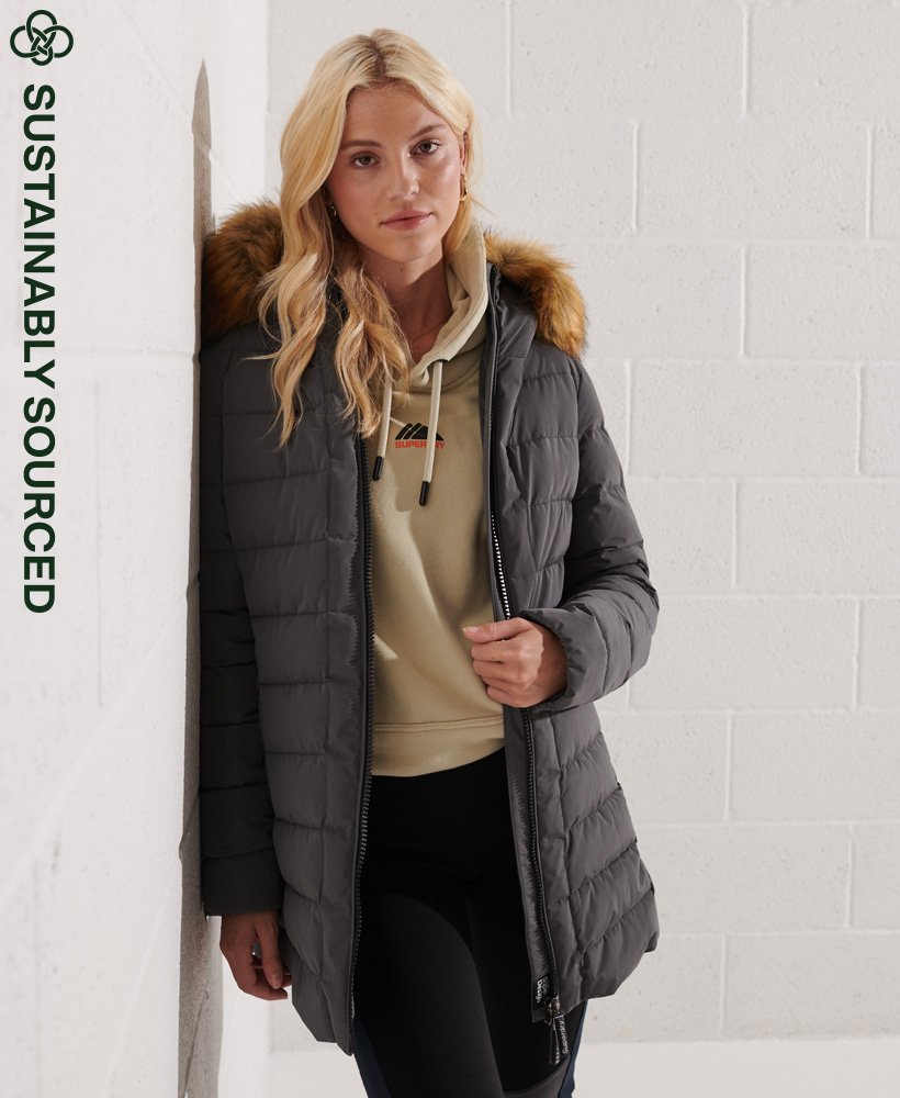 arctic tall puffer coat in charcoal