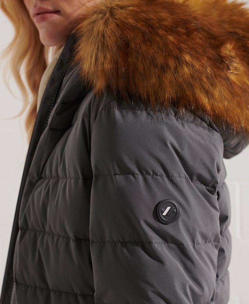 arctic tall puffer coat in charcoal