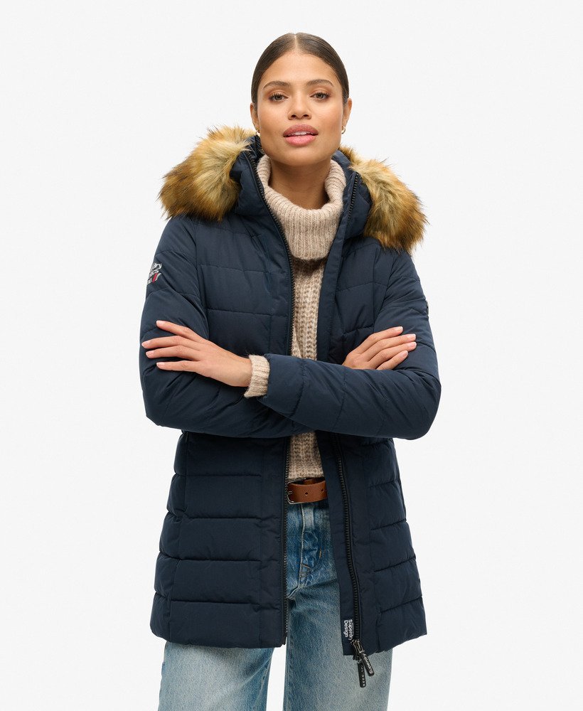 arctic tall puffer coat in navy