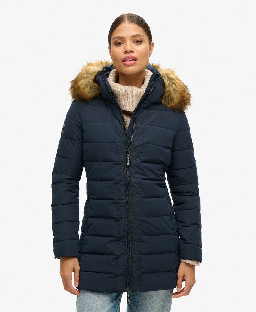 arctic tall puffer coat in navy