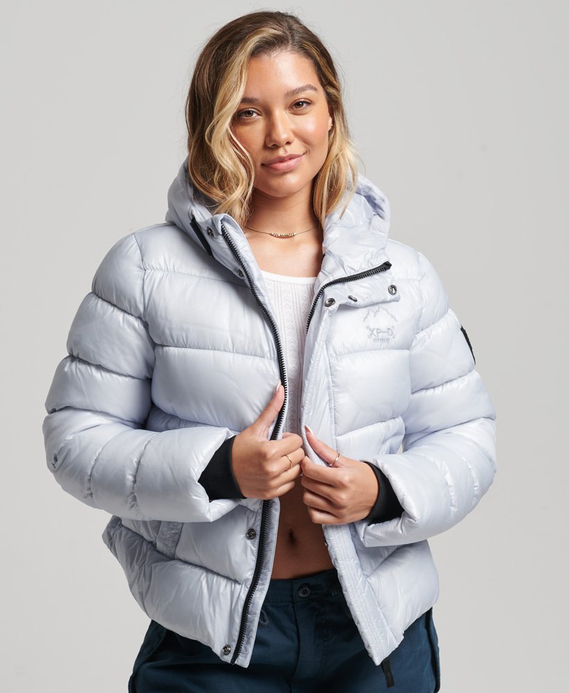 hooded shine sports puffer jacket in ice blue