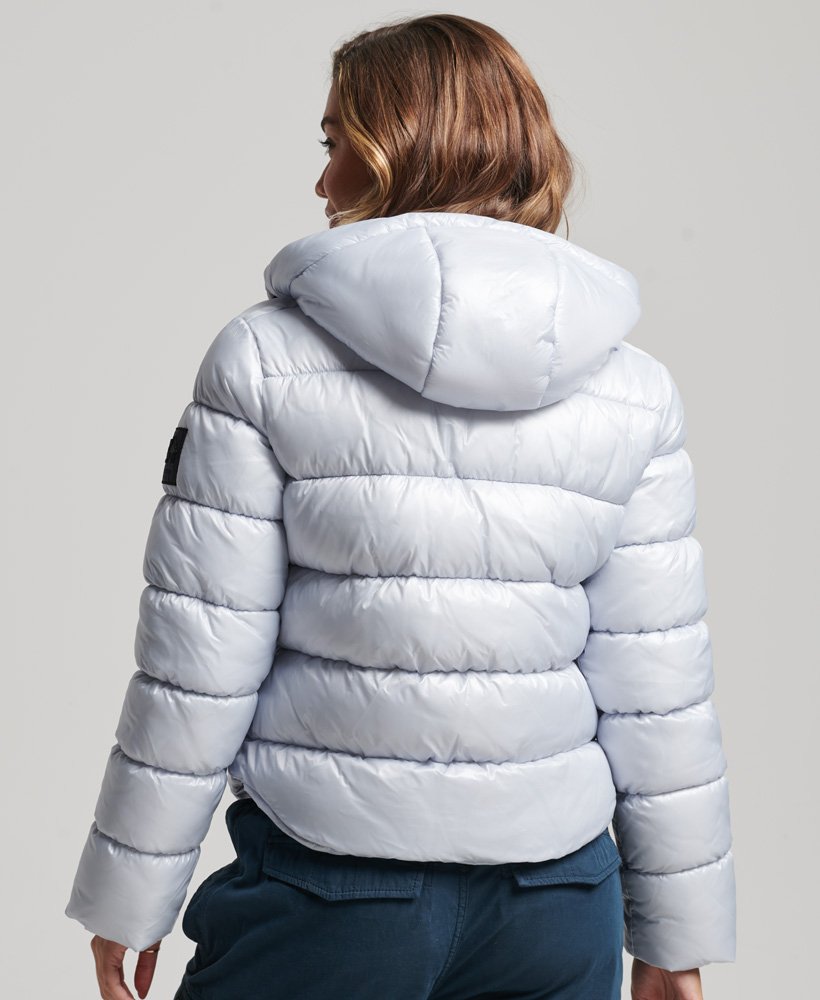 hooded shine sports puffer jacket in ice blue