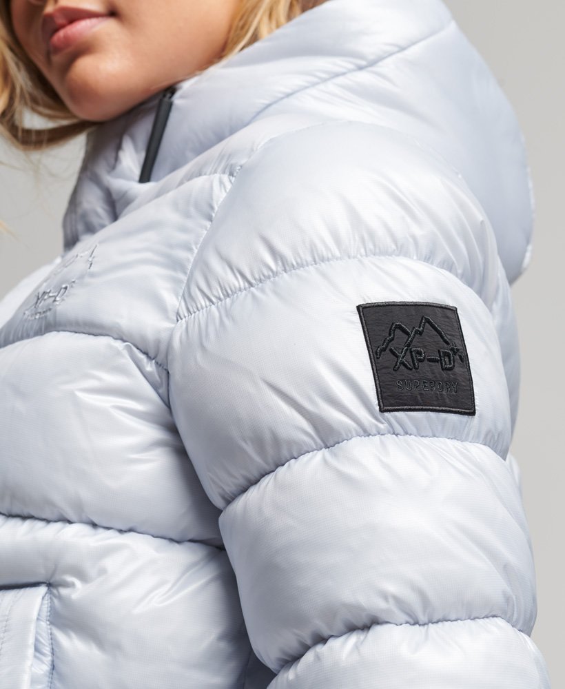 hooded shine sports puffer jacket in ice blue