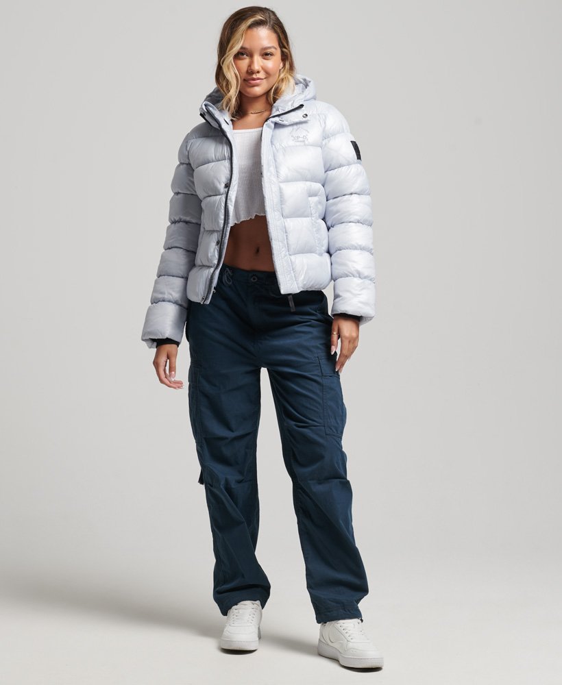 hooded shine sports puffer jacket in ice blue