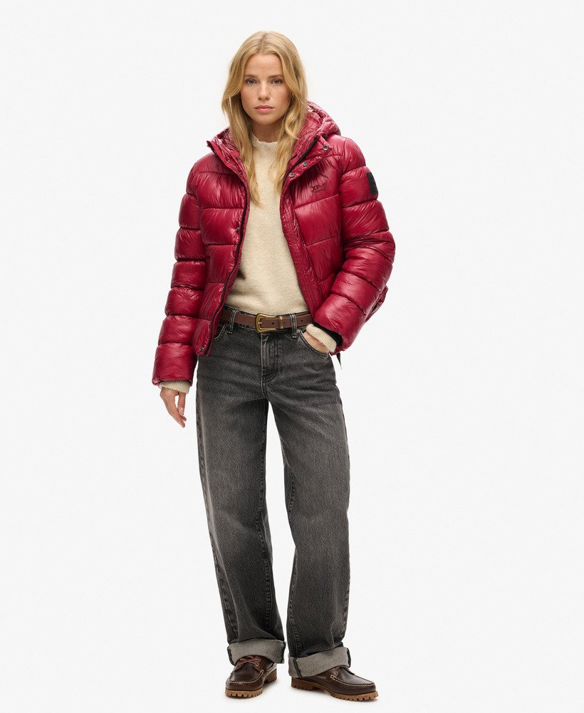 hooded shine sports puffer jacket in dark berry