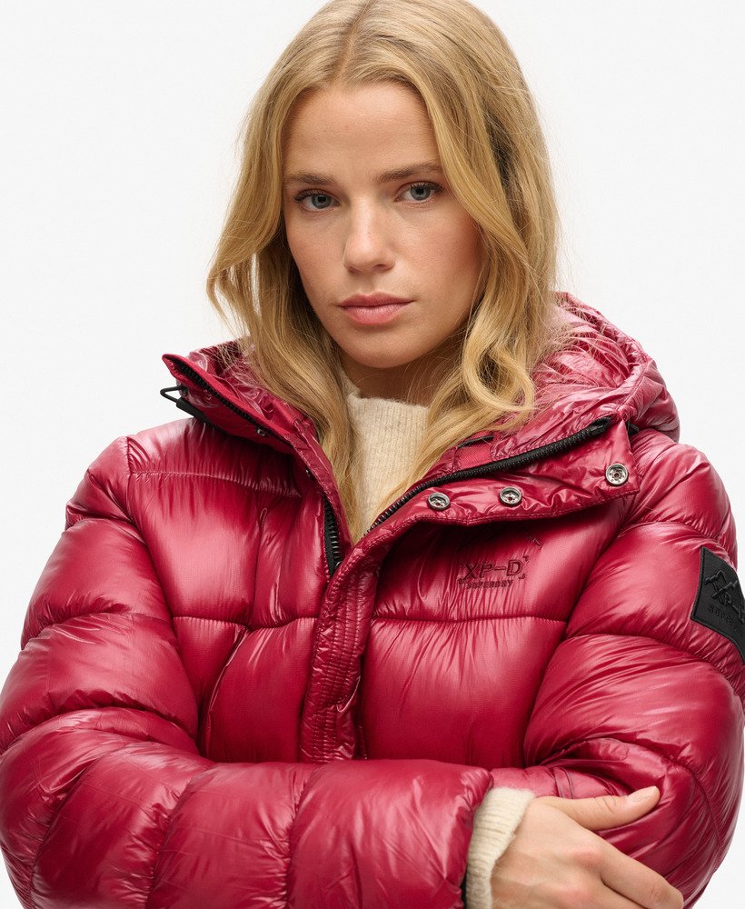 hooded shine sports puffer jacket in dark berry