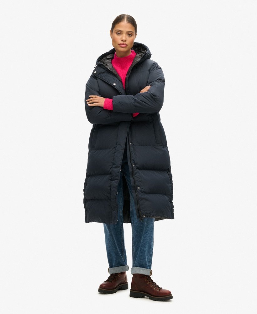 lange gewatteerde jas met capuchon in eclipse navy