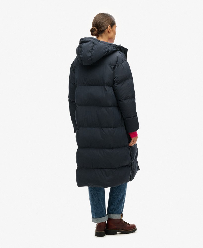 lange gewatteerde jas met capuchon in eclipse navy