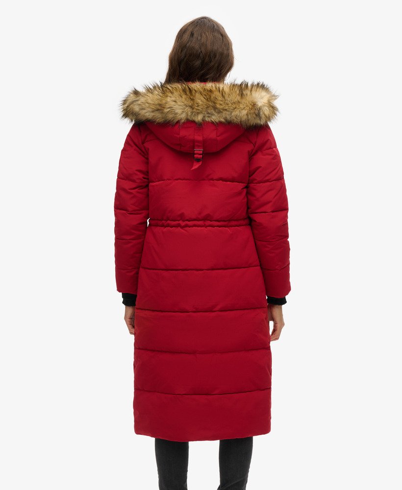 lange everest-jas van imitatiebont in rood