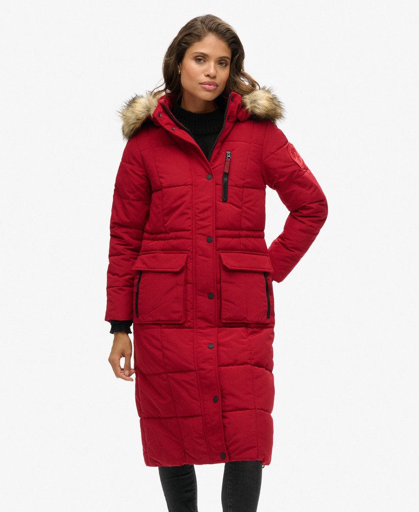 lange everest-jas van imitatiebont in rood