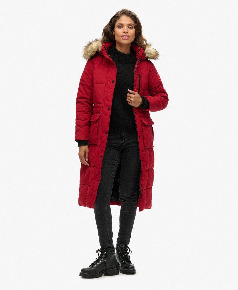 lange everest-jas van imitatiebont in rood
