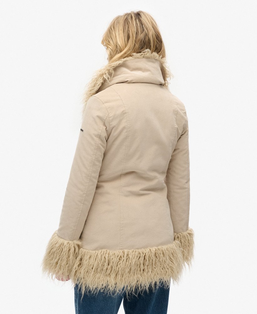 afghaanse jas met imitatiebontvoering in stonewash taupebruin.