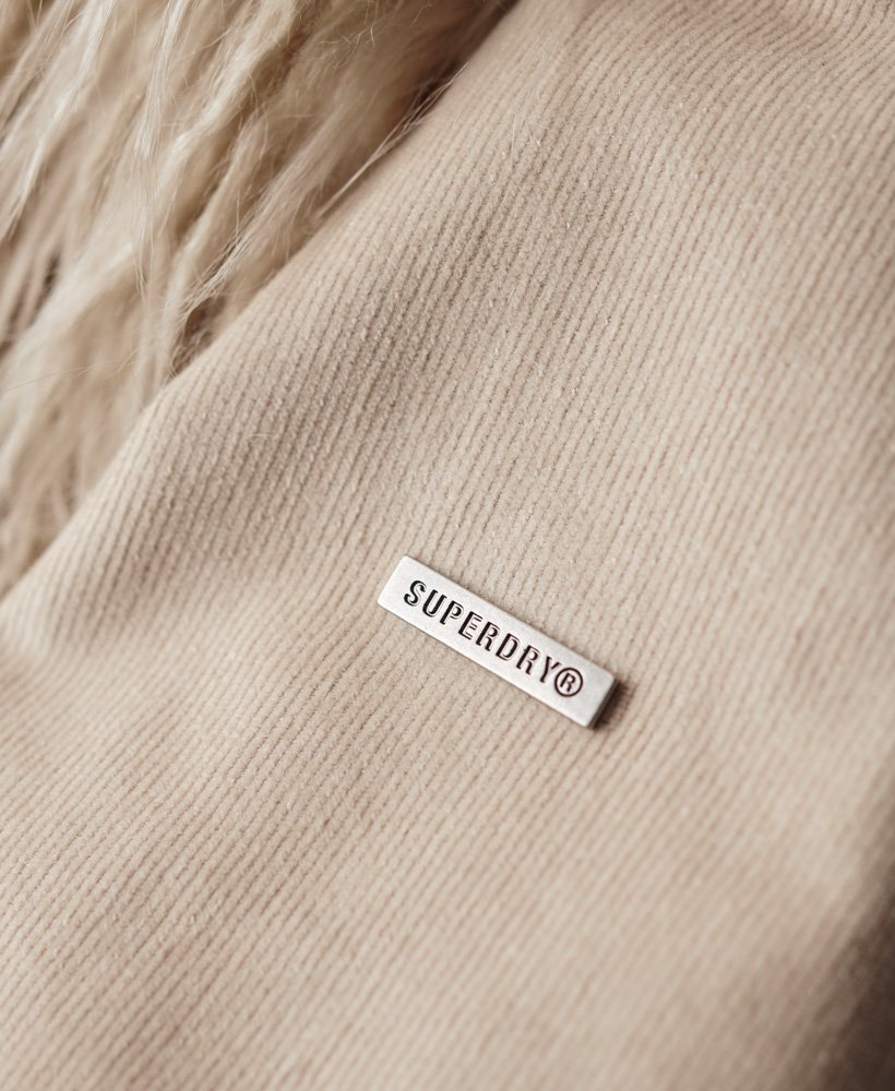 afghaanse jas met imitatiebontvoering in stonewash taupebruin.