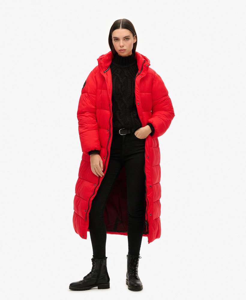 cocoon longline puffer coat in high risk red