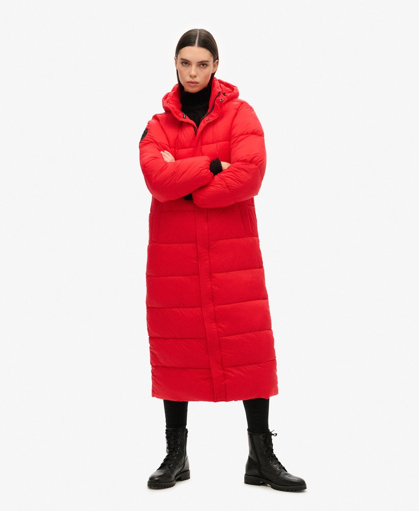 cocoon longline puffer coat in high risk red