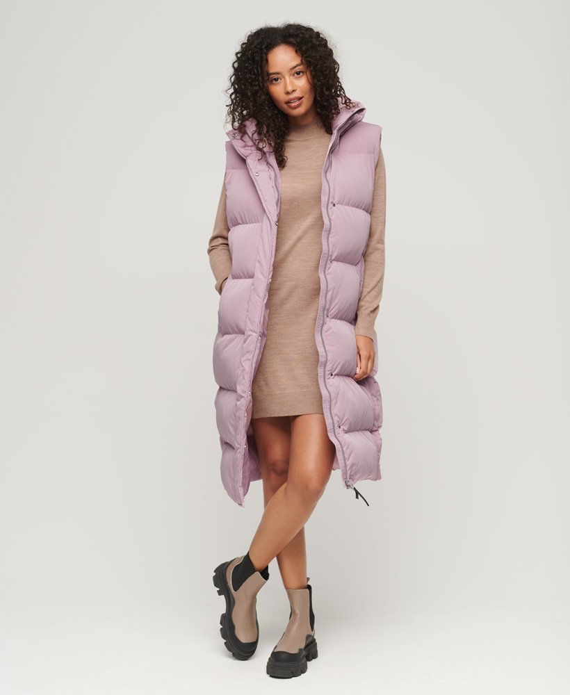 lange gewatteerde gilet met capuchon in mauve shadows pink