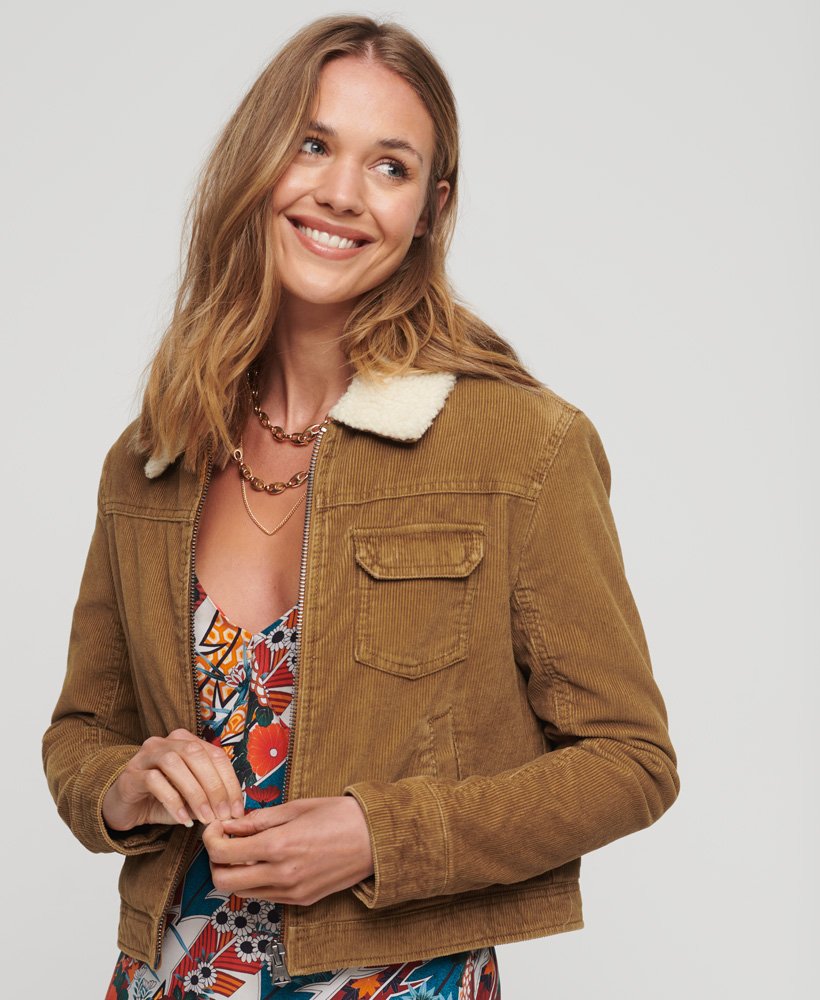 korte corduroy jas met sherpa voering in denim co tobacco