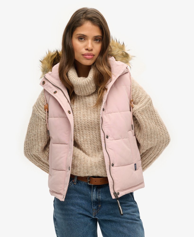 everest faux fur puffer gilet in pink blush