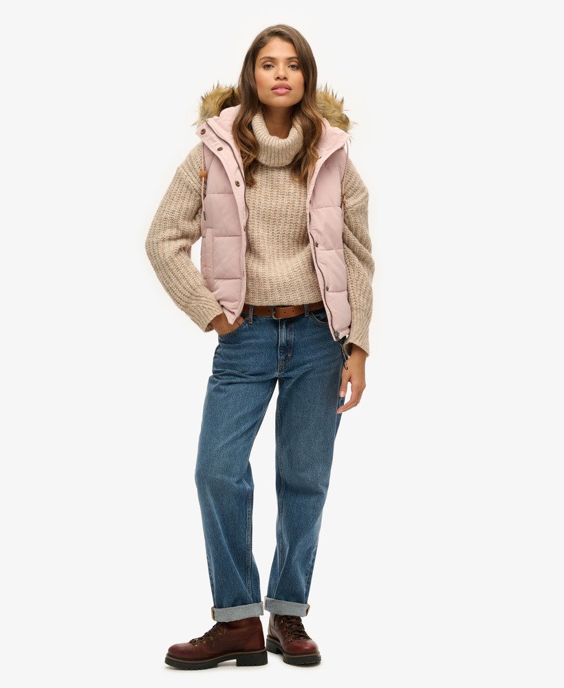 everest faux fur puffer gilet in pink blush