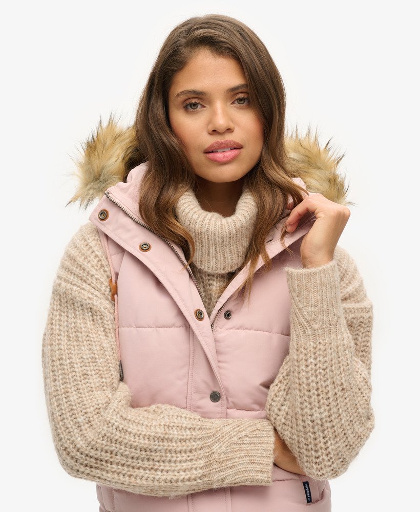 everest faux fur puffer gilet in pink blush