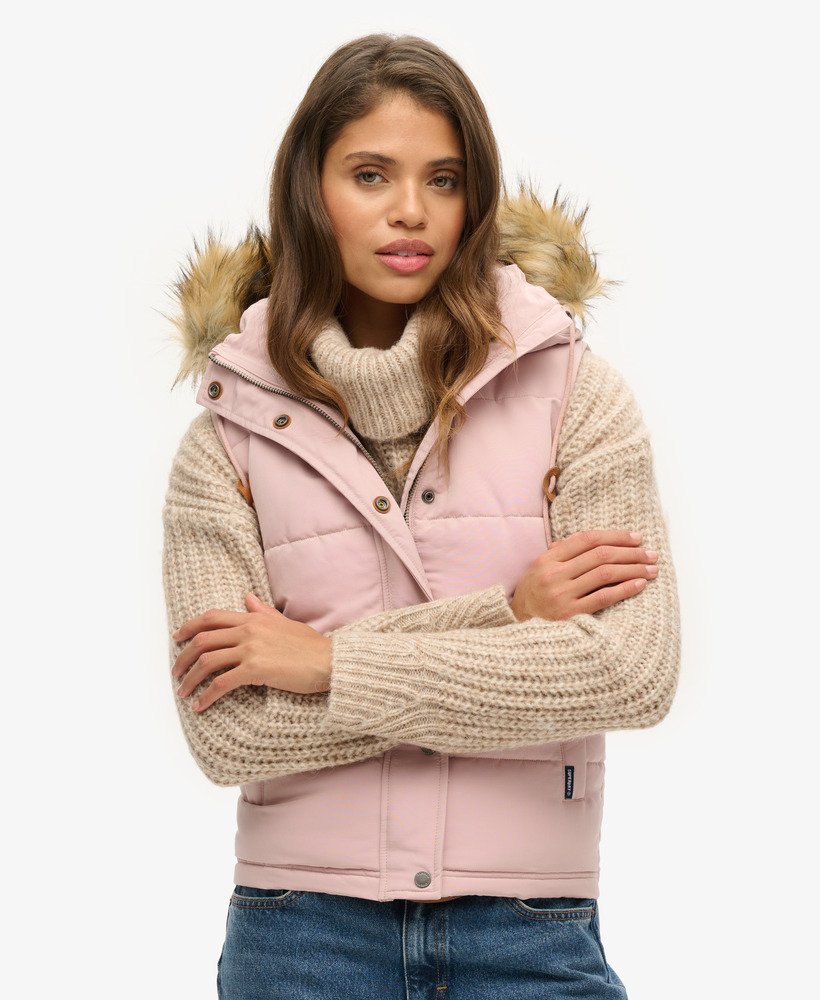 everest faux fur puffer gilet in pink blush