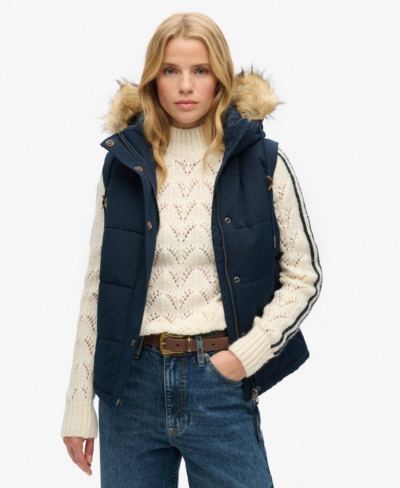 everest faux fur puffer gilet in nordic chrome navy