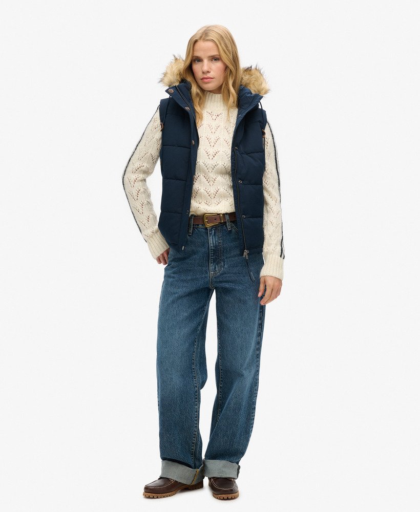 everest faux fur puffer gilet in nordic chrome navy