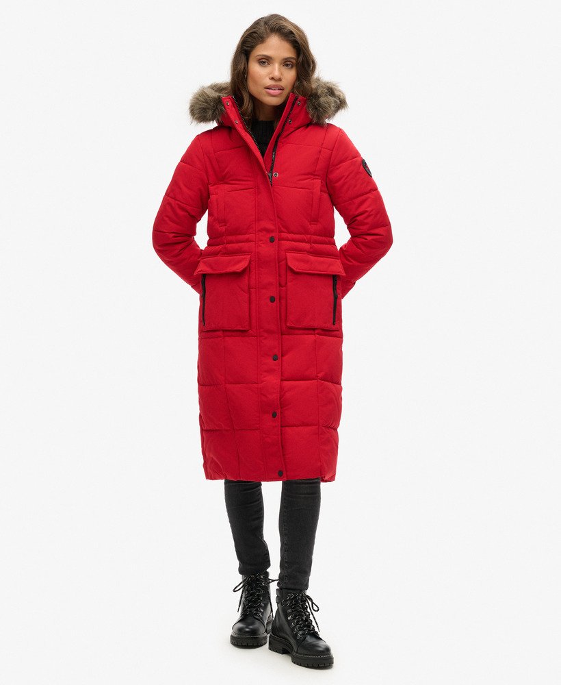 everest longline puffer coat in diep rood