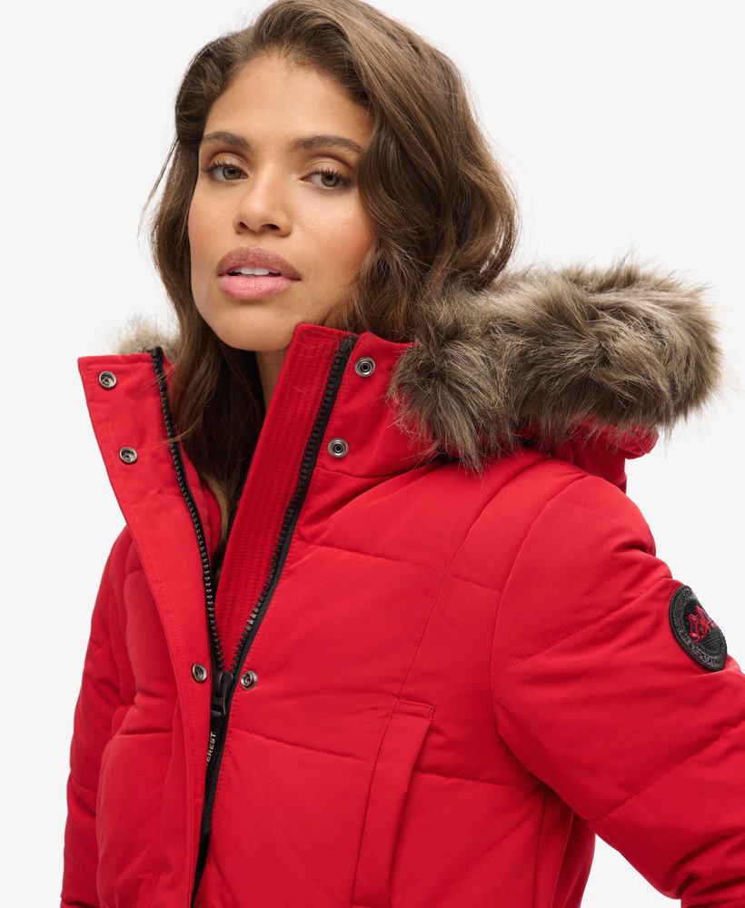 everest longline puffer coat in diep rood