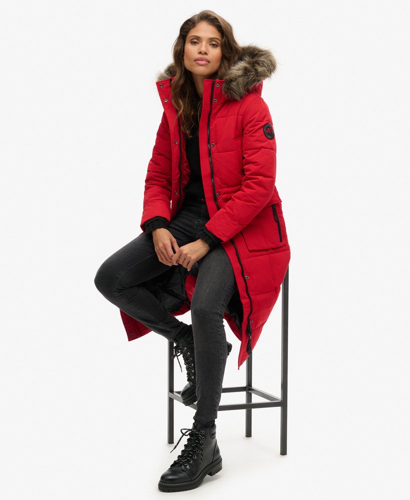 everest longline puffer coat in diep rood